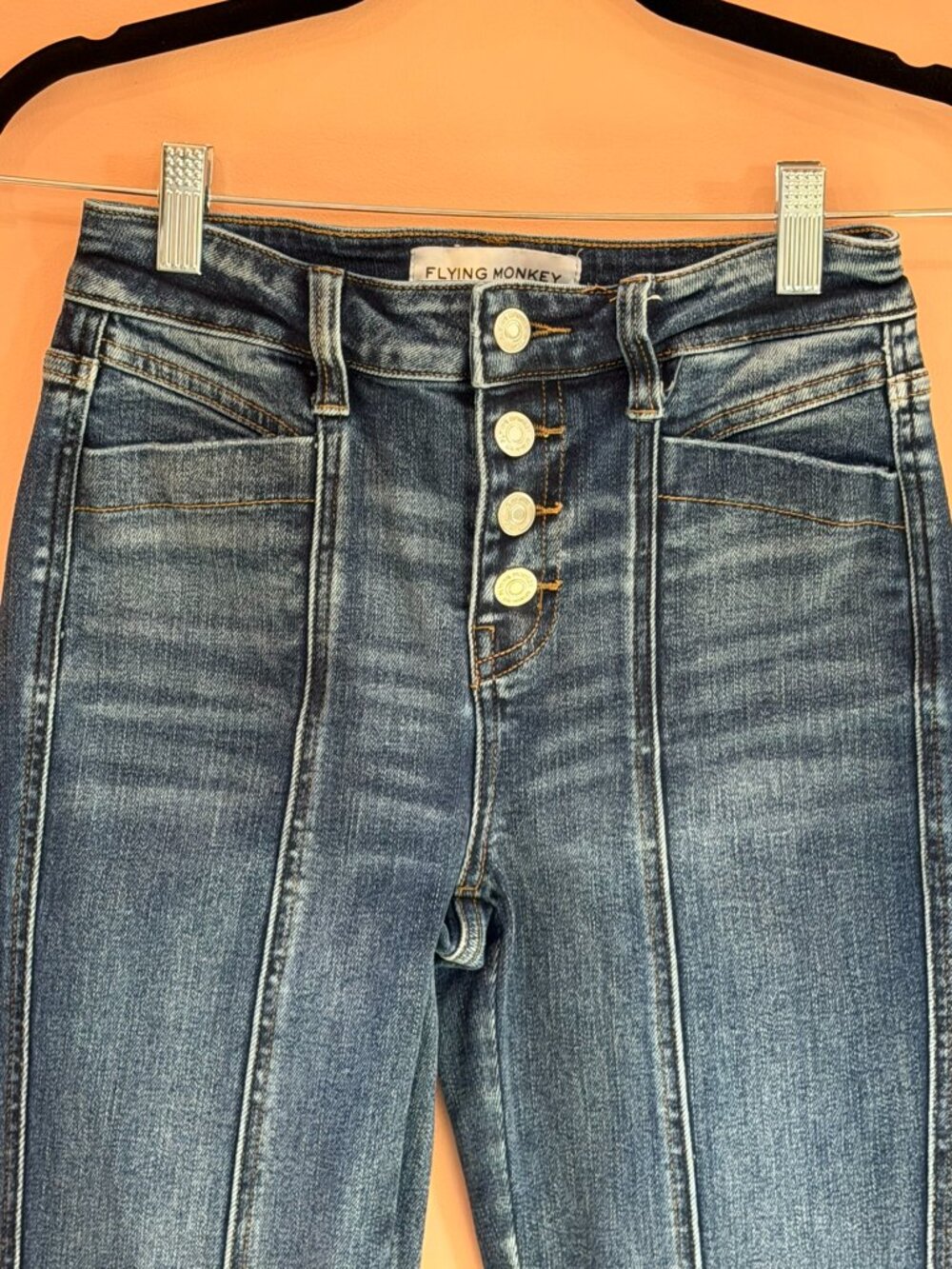 Flying Monkey Button‑Fly Super Flare Jeans – Size 25 – Dark Wash – High Rise